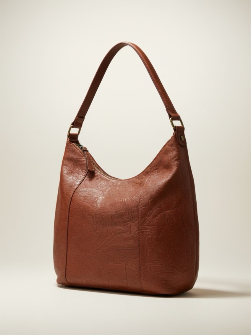 American Leather Co Embossed Leather Hobo Bag Brown Tooled Floral Shoulder Purse